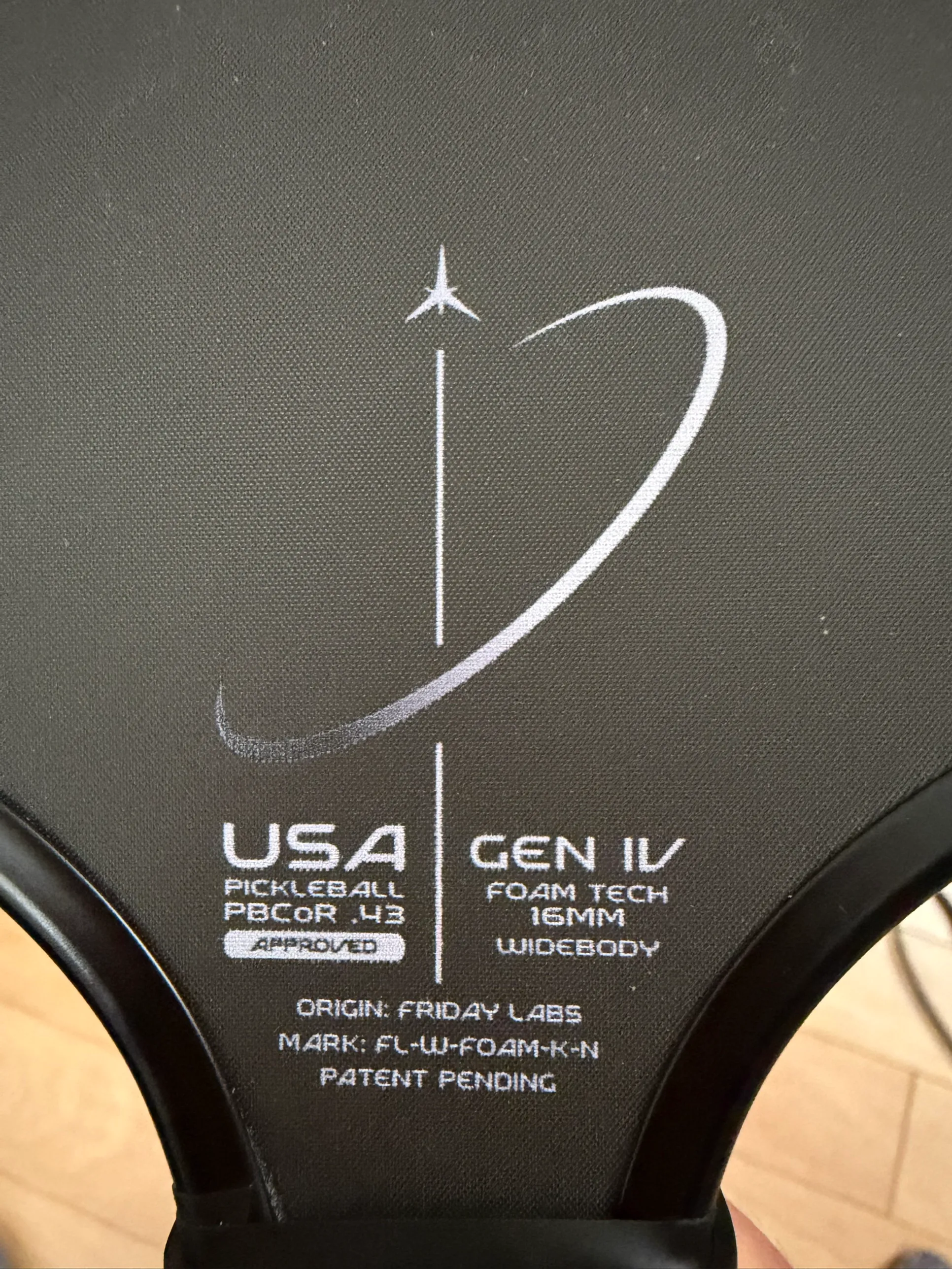 The specs printed at the throat: USA Pickleball approved, PBCoR .43, Gen IV, foam tech, 16mm, widebody